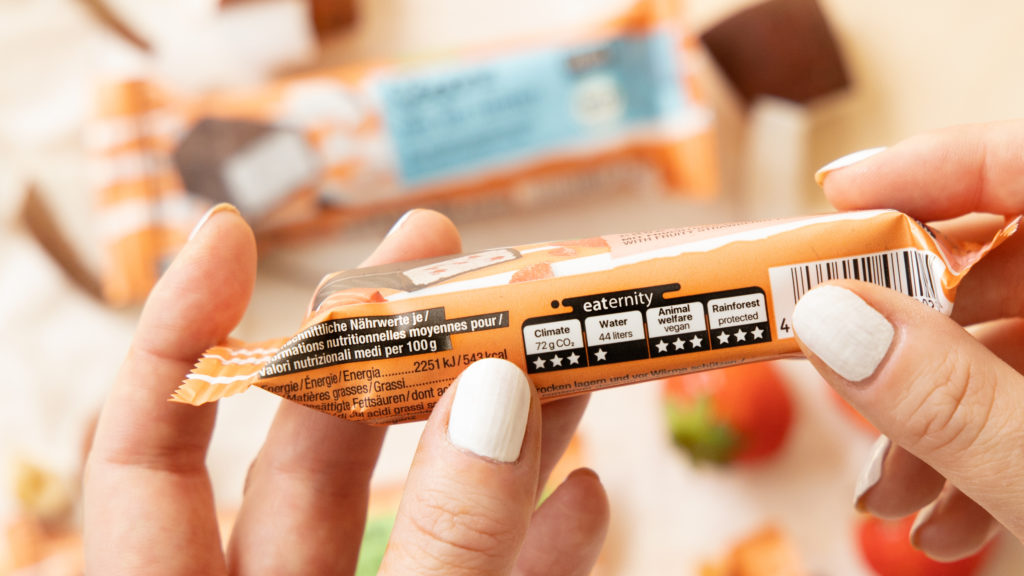 Transparenter Nachhaltigkeits-Score von Eaternity auf den Veganz Produktverpackungen